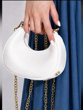 Classic White Crescent Mini Handbag with Gold Crossbody  Chain
